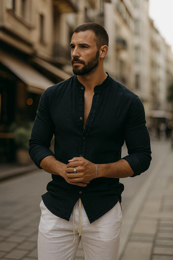 Men's Regular-Fit Linen Grandad Collar Long Sleeve Shirt - Black