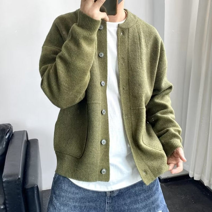 Men's Relaxed Fit Button-Up Knit Mens Cardigan Round Neck - Green