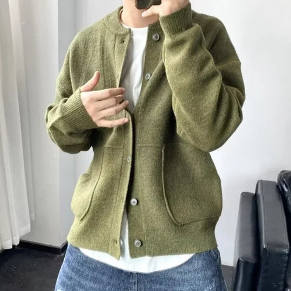 Men's Relaxed Fit Button-Up Knit Mens Cardigan Round Neck