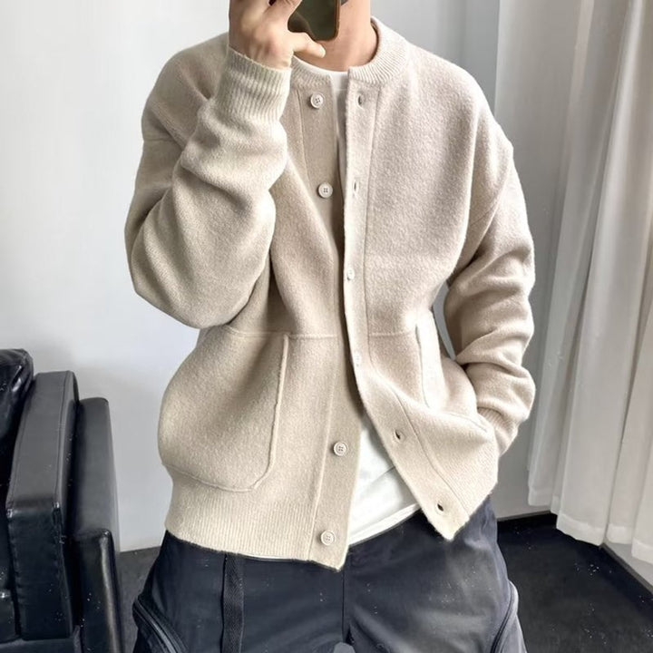 Men's Relaxed Fit Button-Up Knit Mens Cardigan Round Neck - Beige