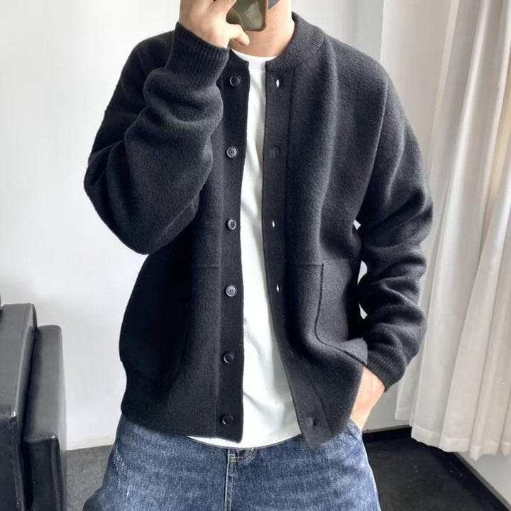 Men's Relaxed Fit Button-Up Knit Mens Cardigan Round Neck - Black