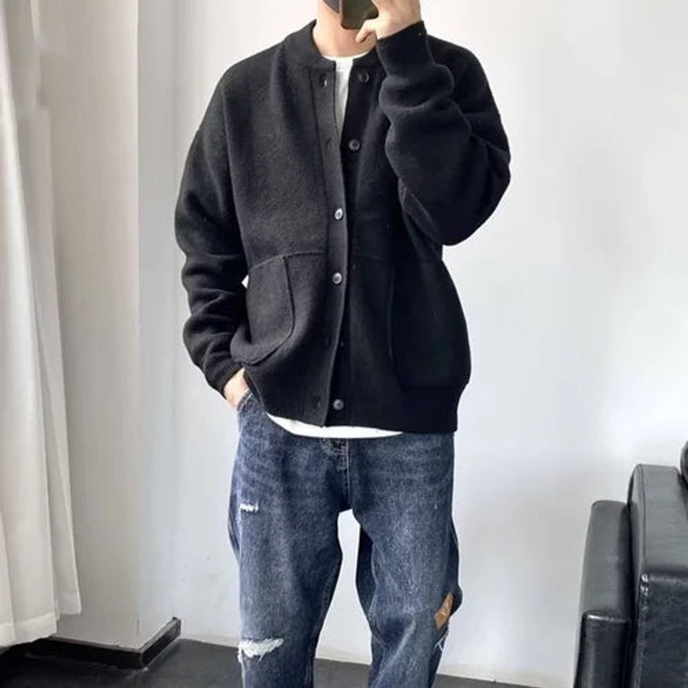 Men's Relaxed Fit Button-Up Knit Mens Cardigan Round Neck
