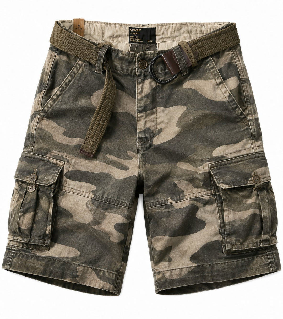 Men's Relaxed-Fit Camouflage Cargo Shorts with Belt - Dunkles Camo