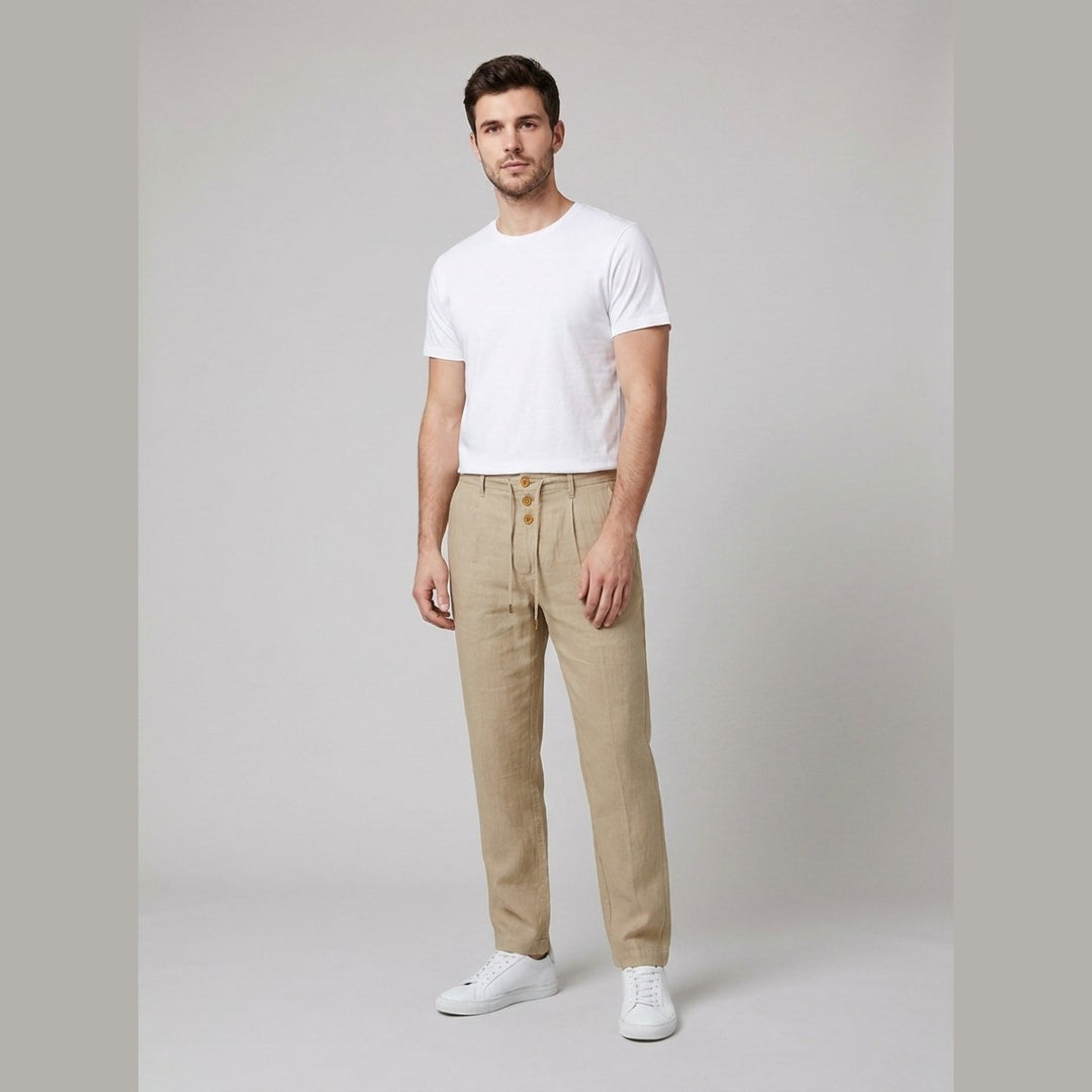 Men's Relaxed-Fit Drawstring Linen Straight-Leg Trousers - Khaki
