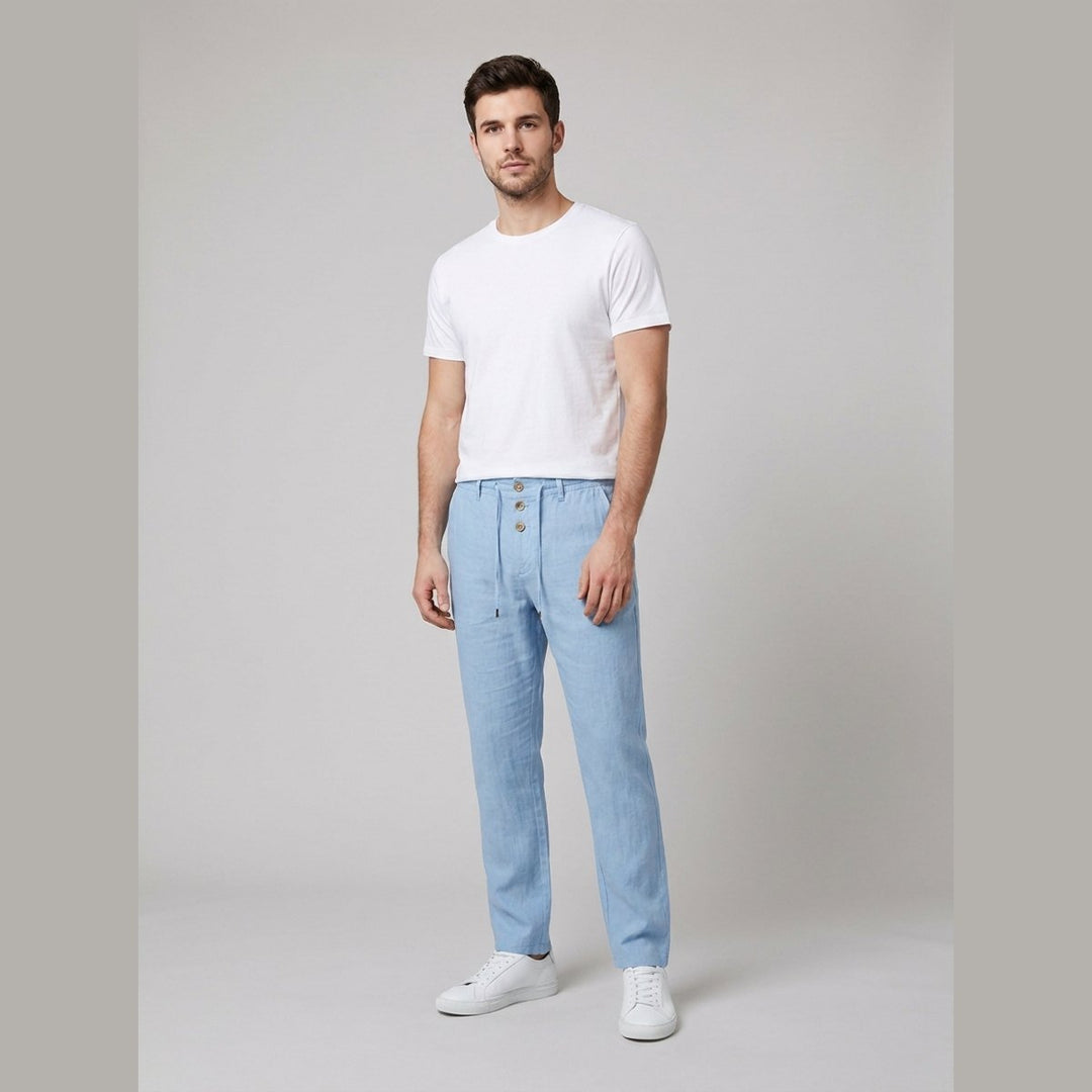 Men's Relaxed-Fit Drawstring Linen Straight-Leg Trousers - Light Blue