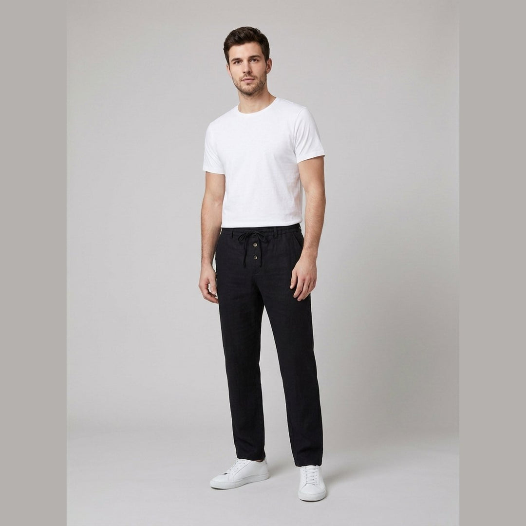 Men's Relaxed-Fit Drawstring Linen Straight-Leg Trousers - Black