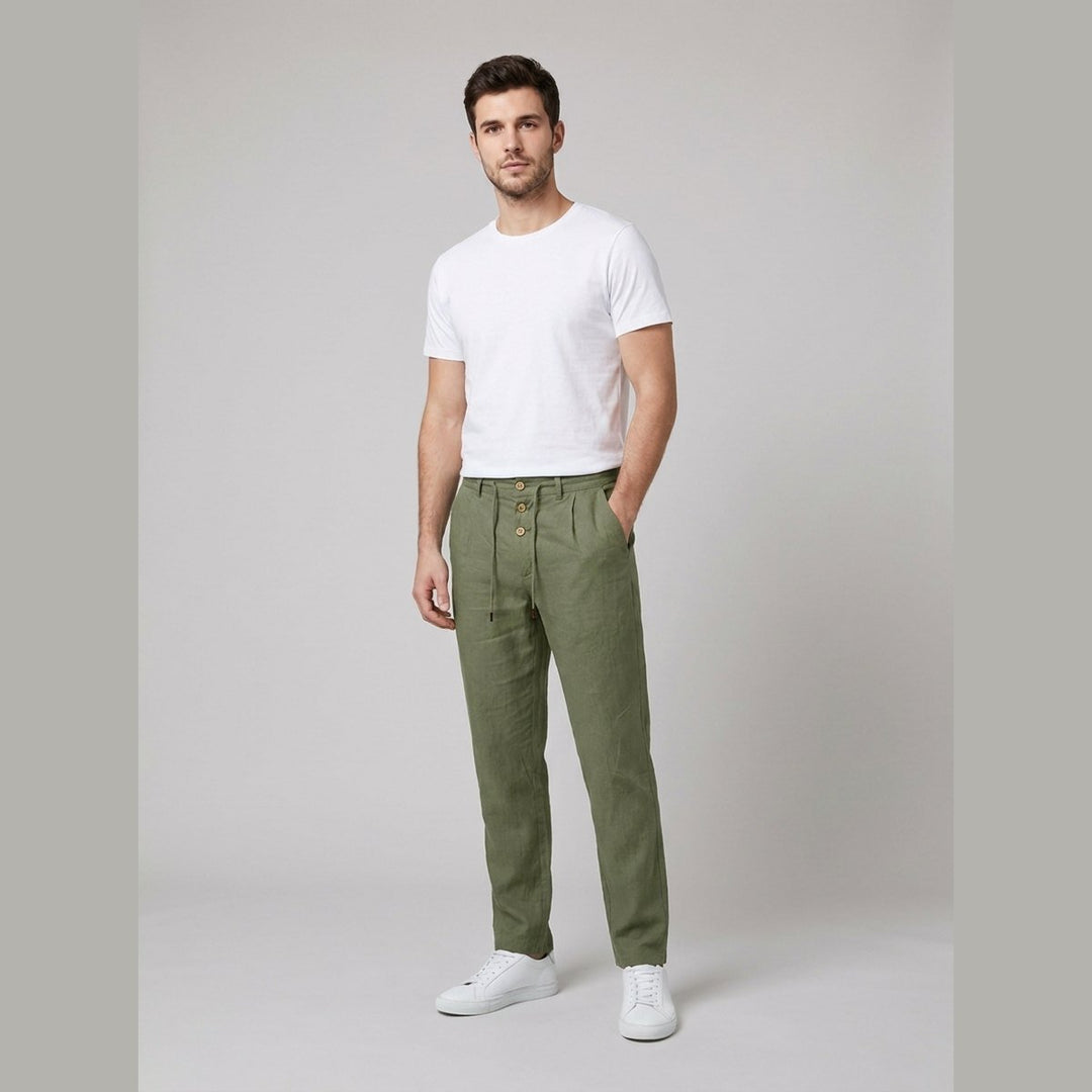 Men's Relaxed-Fit Drawstring Linen Straight-Leg Trousers - Army Green