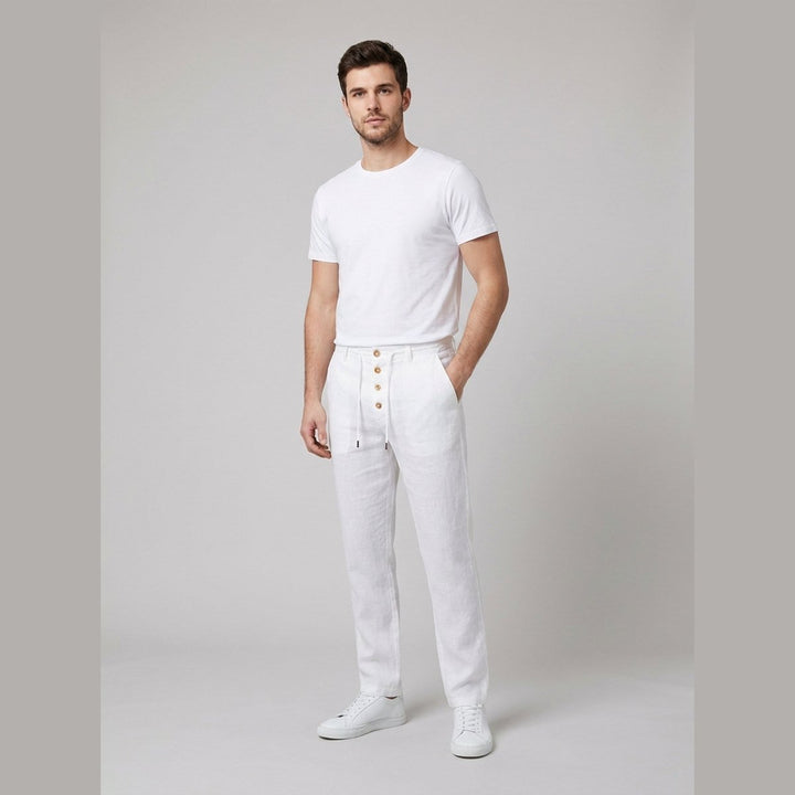 Men's Relaxed-Fit Drawstring Linen Straight-Leg Trousers - White