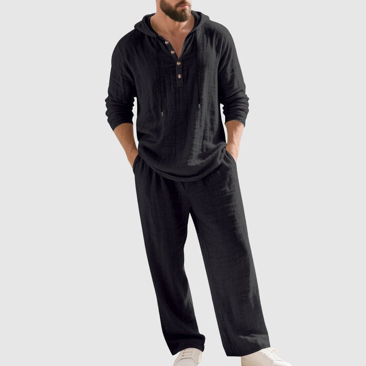 Men's Relaxed-Fit Hooded Linen Two-Piece Set - Black