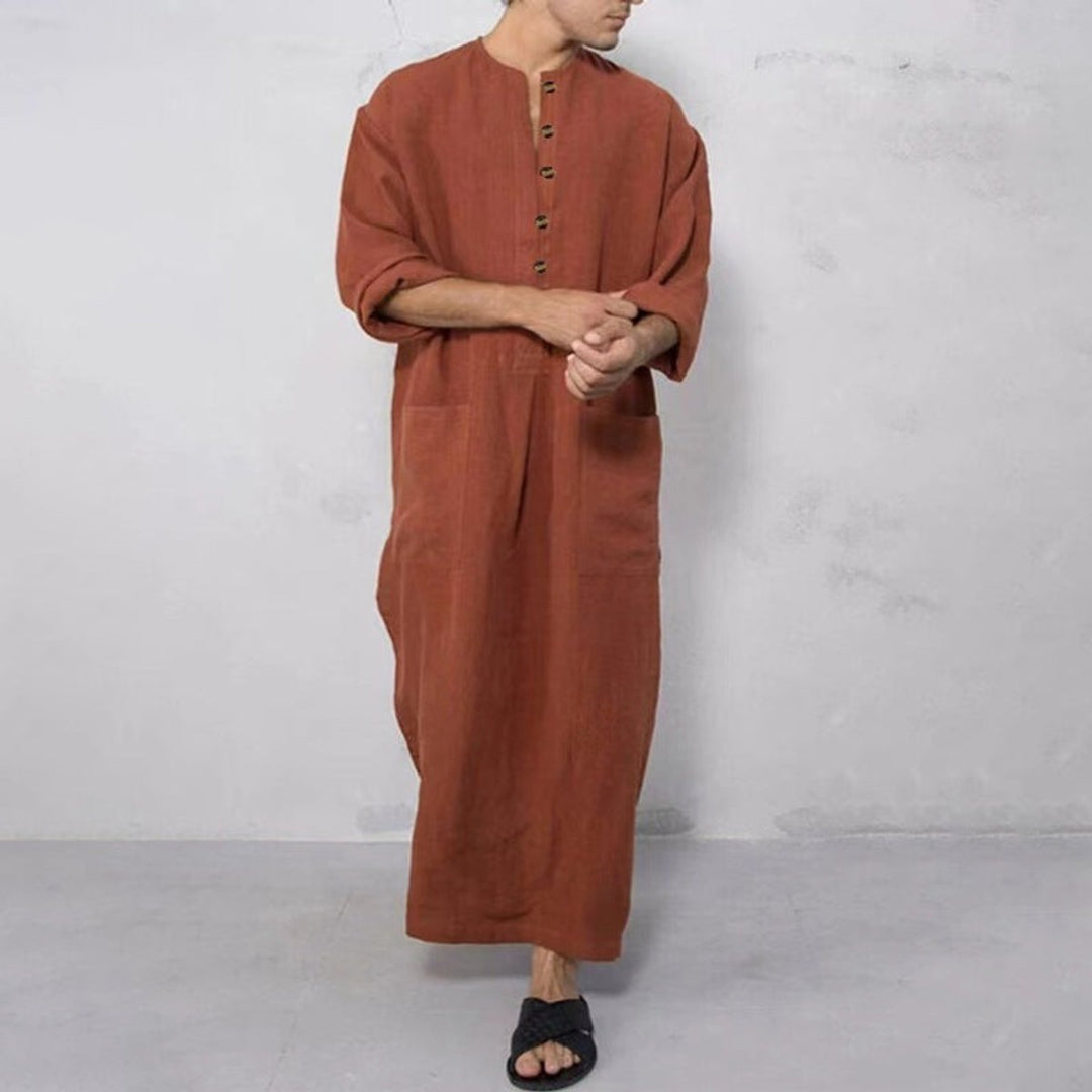 Men's Relaxed-Fit Linen Kaftan Tunic Long Button-Front Robe