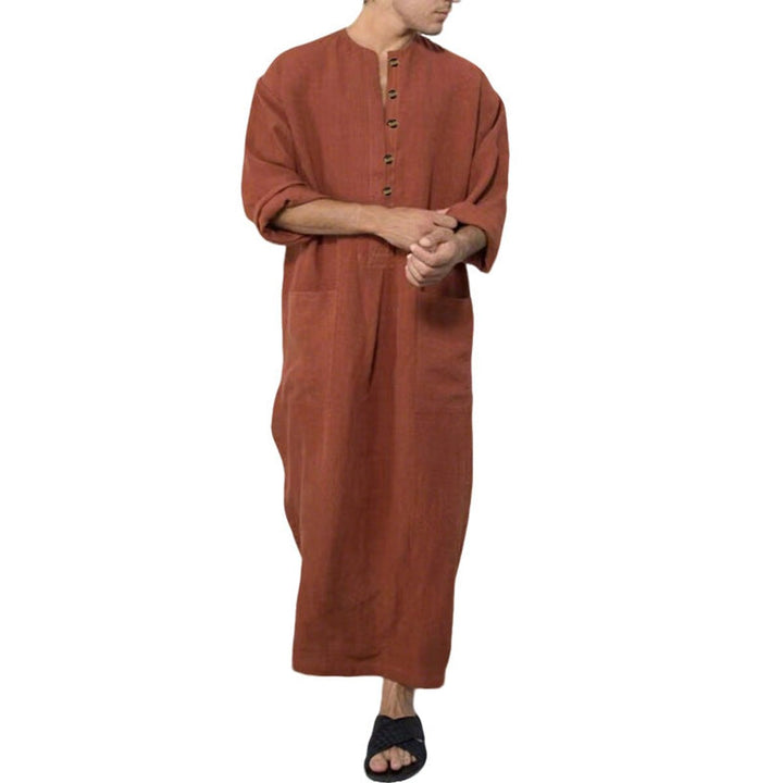 Men's Relaxed-Fit Linen Kaftan Tunic Long Button-Front Robe - Braun