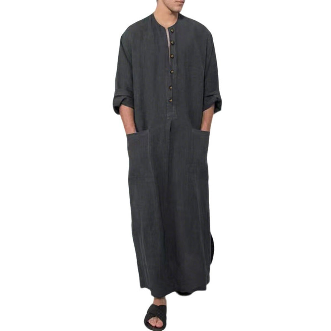 Men's Relaxed-Fit Linen Kaftan Tunic Long Button-Front Robe - Grau