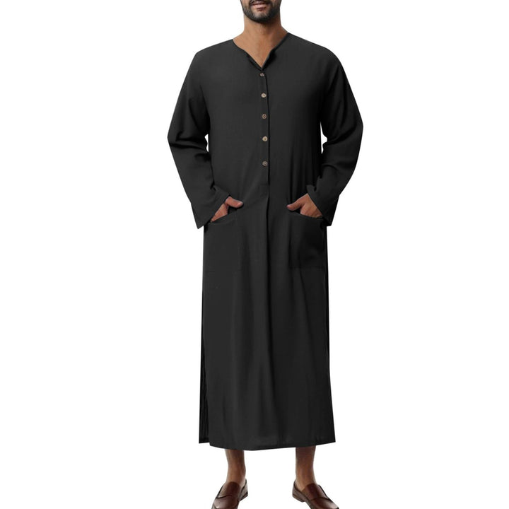 Men's Relaxed-Fit Linen Kaftan Tunic Long Button-Front Robe - Schwarz