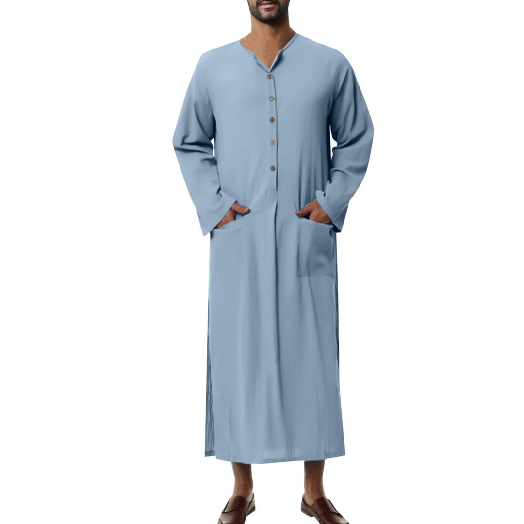 Men's Relaxed-Fit Linen Kaftan Tunic Long Button-Front Robe - Hellblau