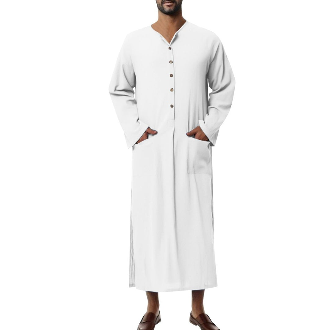 Men's Relaxed-Fit Linen Kaftan Tunic Long Button-Front Robe - Weiß