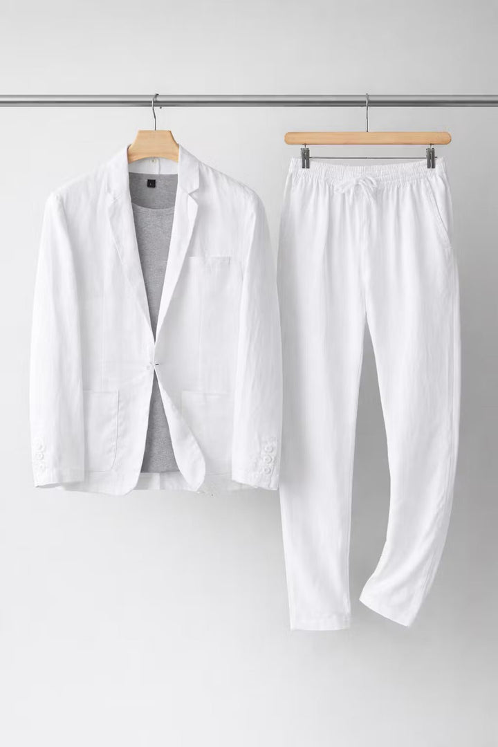 Men's Relaxed-Fit Linen Two-Piece Suit Set - White