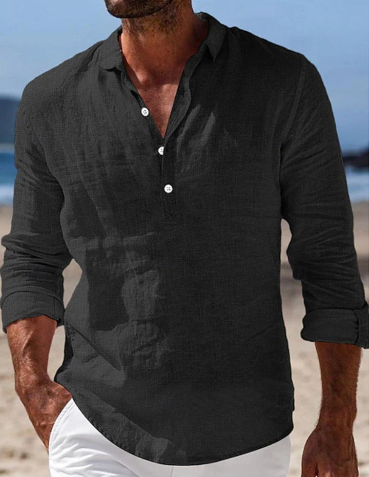 Men's Relaxed-Fit Long Sleeve Linen Henley Summer Shirt - Black