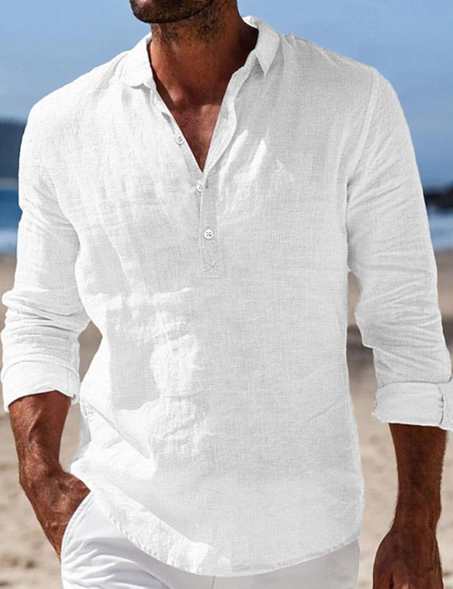 Men's Relaxed-Fit Long Sleeve Linen Henley Summer Shirt - White