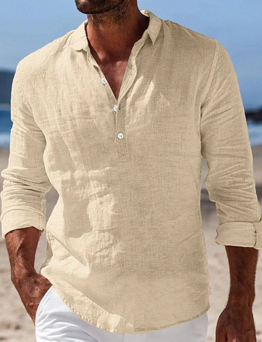 Men's Relaxed-Fit Long Sleeve Linen Henley Summer Shirt - Beige