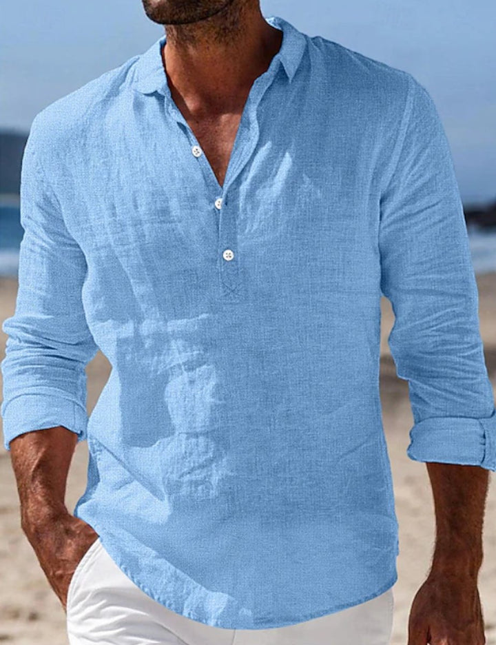 Men's Relaxed-Fit Long Sleeve Linen Henley Summer Shirt - Blue