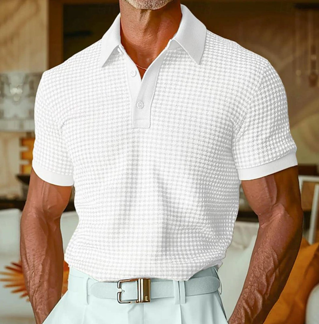 Men's Relaxed-Fit Short-Sleeve Houndstooth Polo Shirt - White