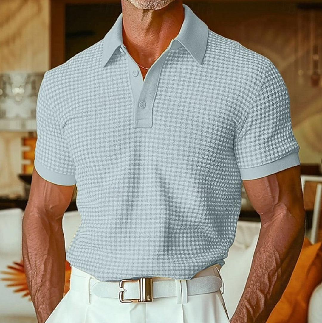 Men's Relaxed-Fit Short-Sleeve Houndstooth Polo Shirt - Light Blue