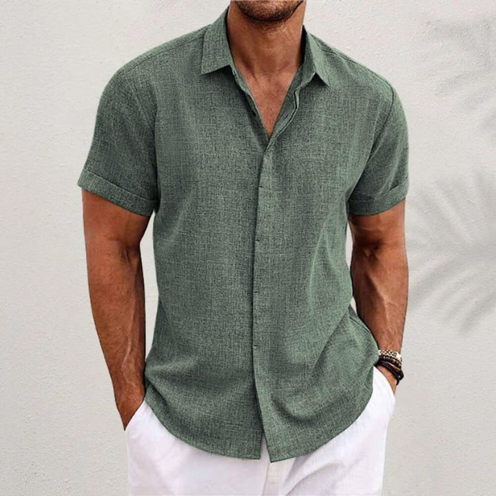 Men's Relaxed-Fit Short-Sleeve Linen Blend Button Shirt - Green