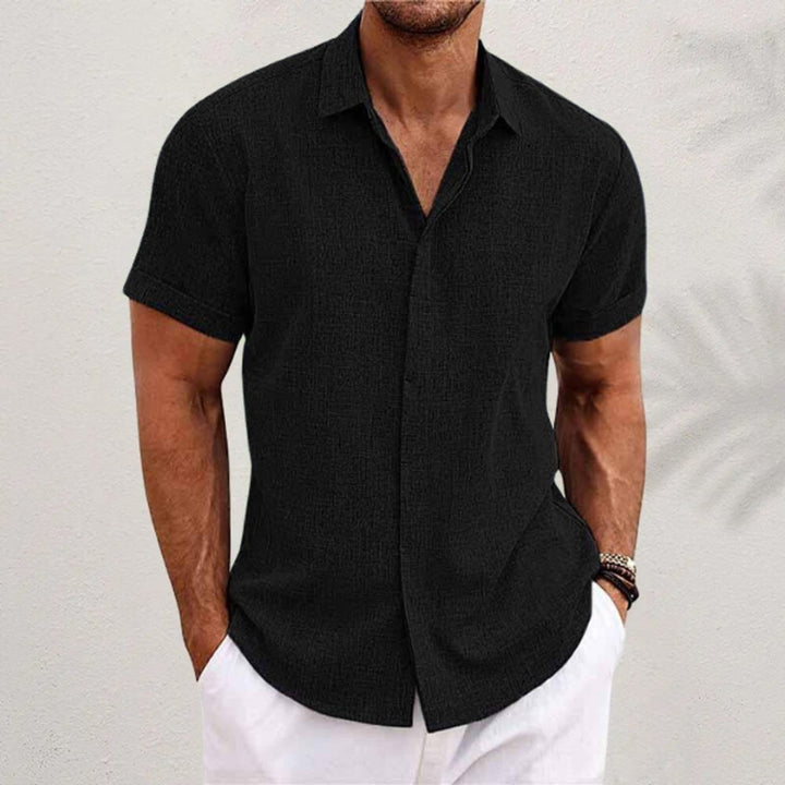 Men's Relaxed-Fit Short-Sleeve Linen Blend Button Shirt - Black