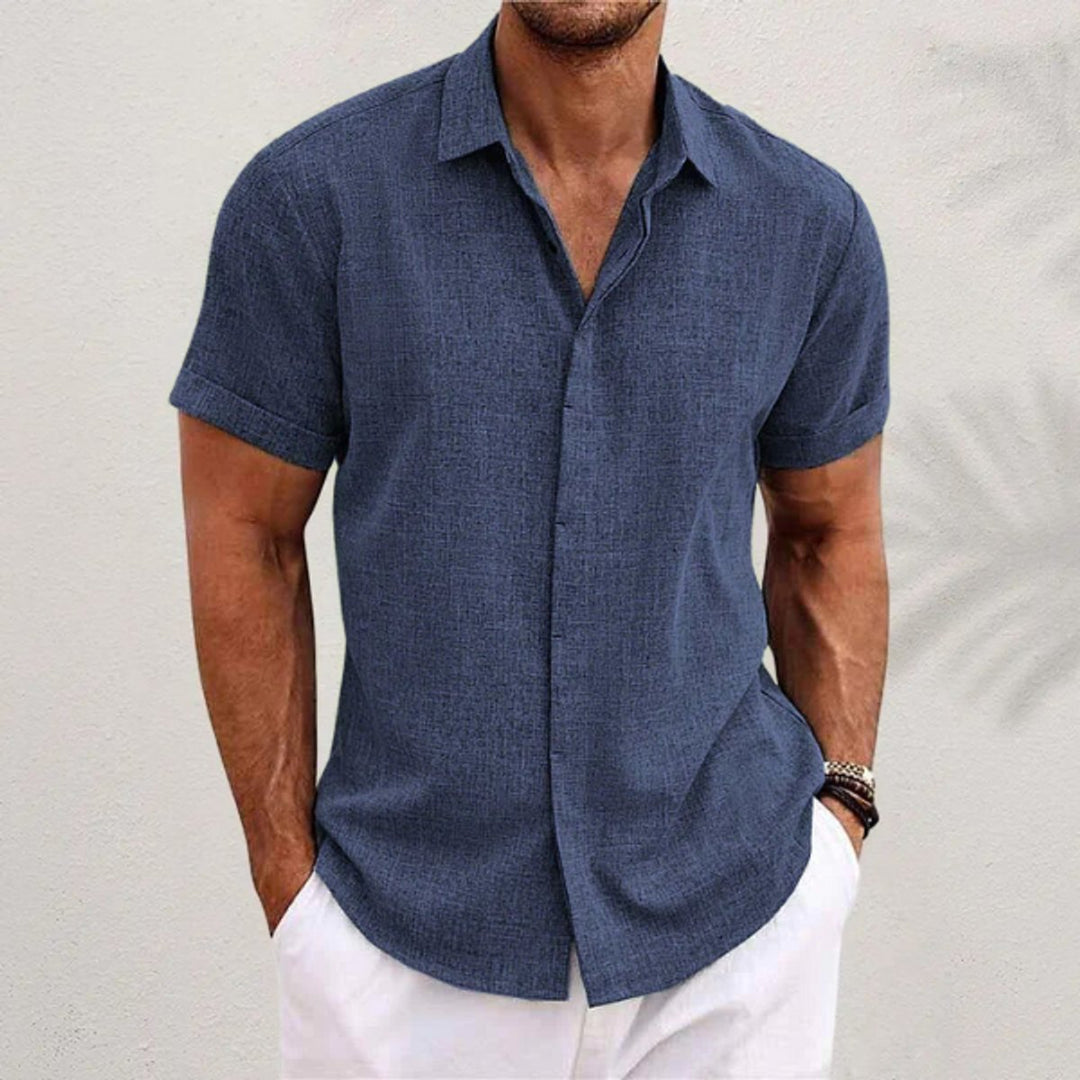 Men's Relaxed-Fit Short-Sleeve Linen Blend Button Shirt - Blue