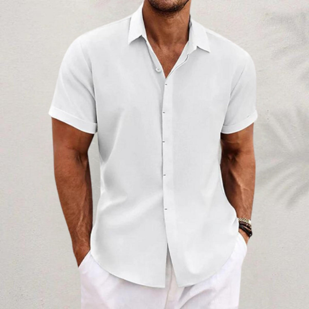 Men's Relaxed-Fit Short-Sleeve Linen Blend Button Shirt - White