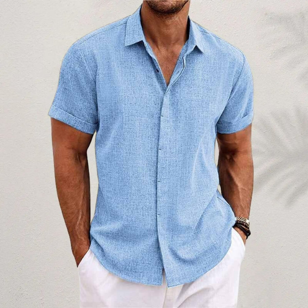 Men's Relaxed-Fit Short-Sleeve Linen Blend Button Shirt - Light Blue