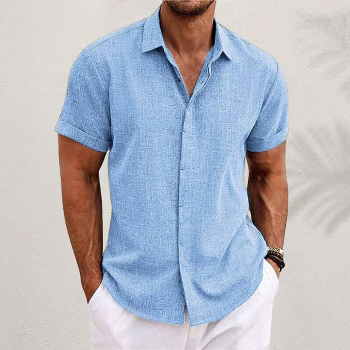 Men's Relaxed-Fit Short-Sleeve Linen Blend Button Shirt - Light Blue