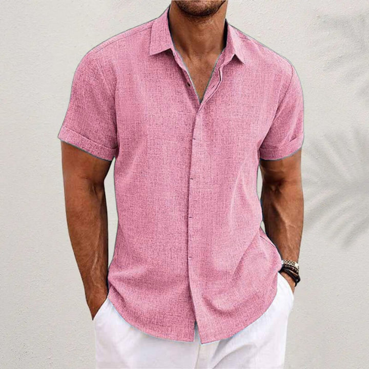 Men's Relaxed-Fit Short-Sleeve Linen Blend Button Shirt - Pink