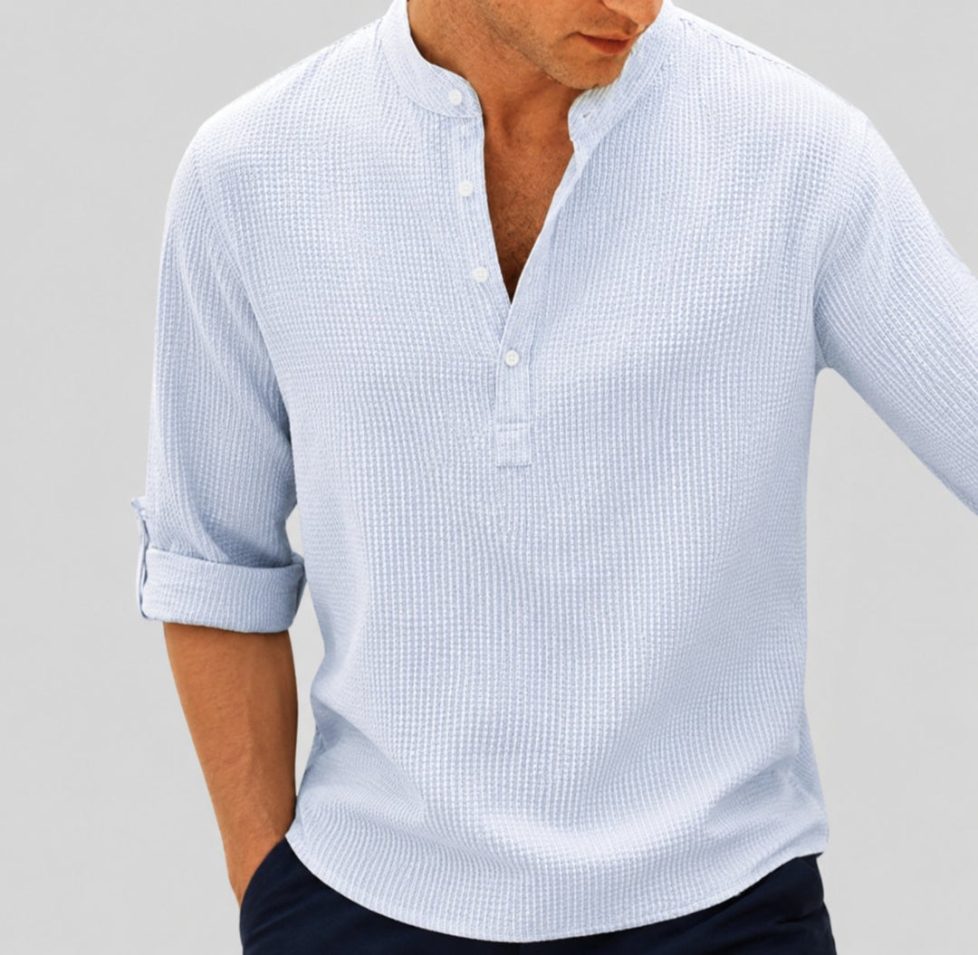 Men's Relaxed-Fit Striped Linen Stand Collar Shirt - Blau