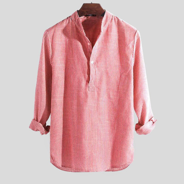 Men's Relaxed-Fit Striped Linen Stand Collar Shirt - Rot