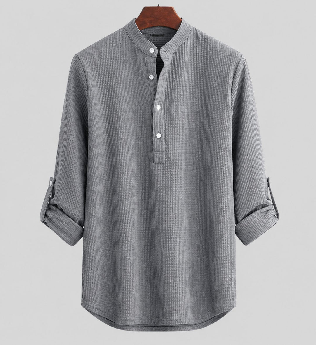 Men's Relaxed-Fit Striped Linen Stand Collar Shirt - Schwarz