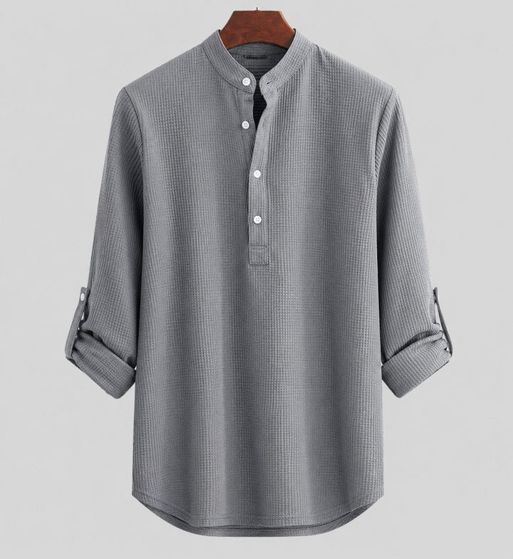 Men's Relaxed-Fit Striped Linen Stand Collar Shirt - Schwarz