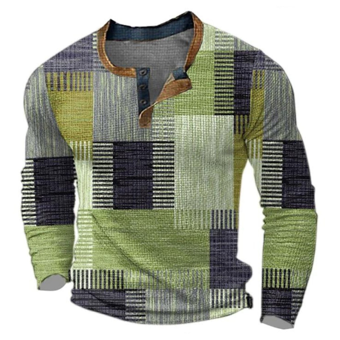 Men's Retro Colour Block Long Sleeve Henley Knit Sweater - Green