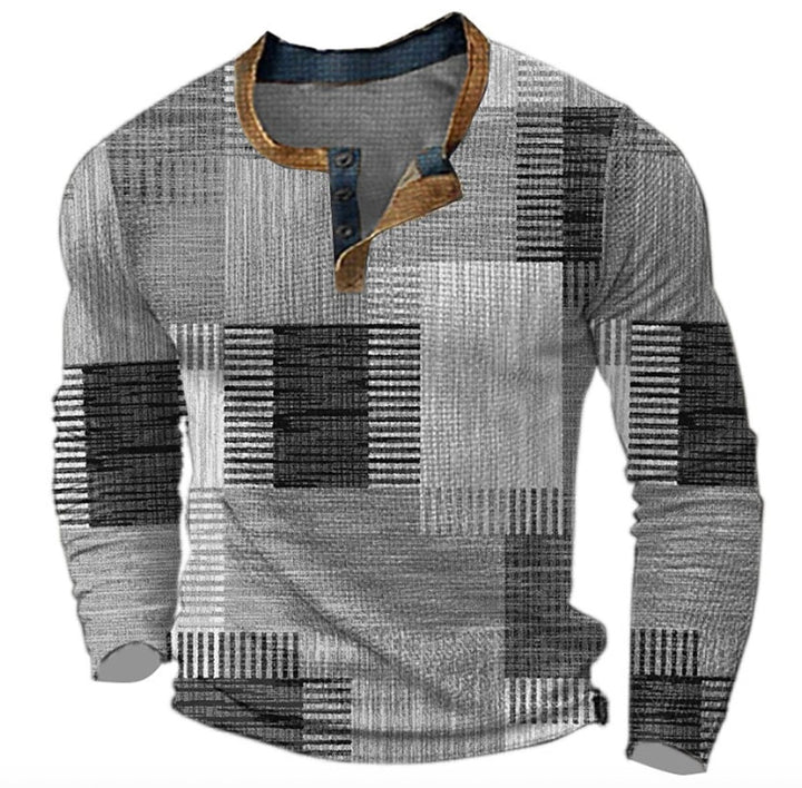 Men's Retro Colour Block Long Sleeve Henley Knit Sweater - Grey