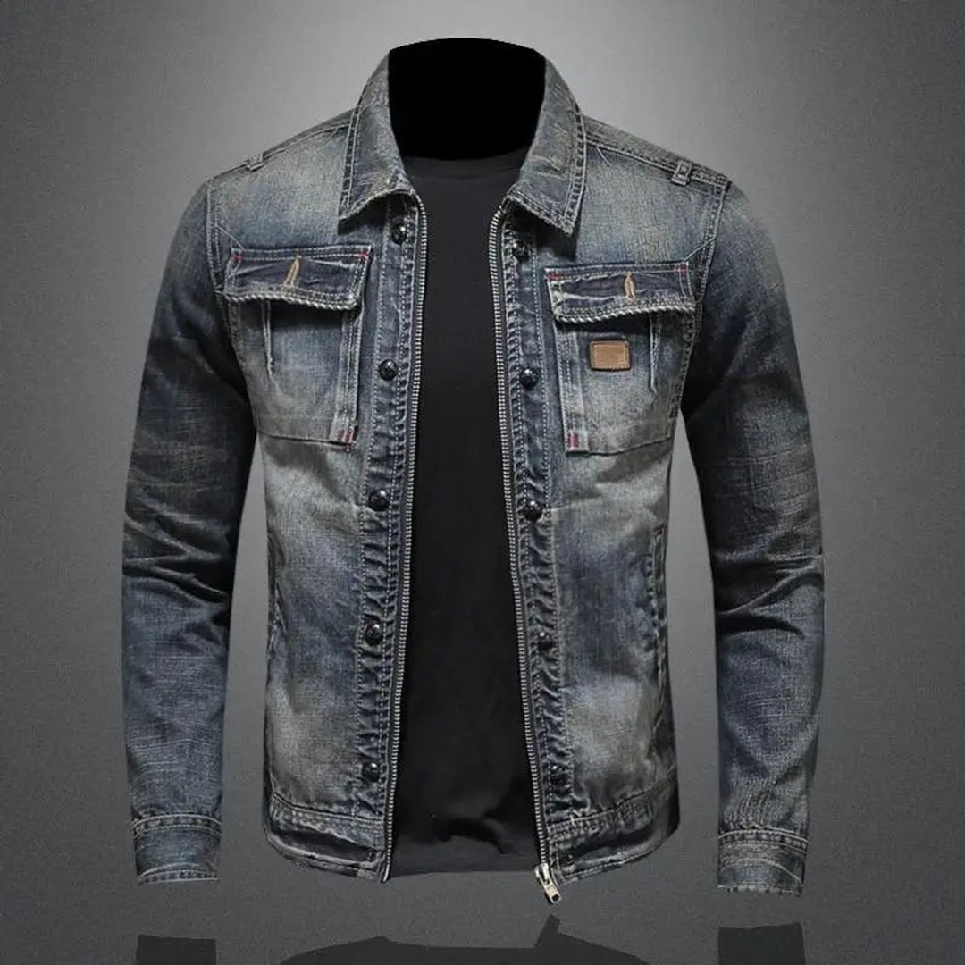 Men's Retro Vintage Washed Denim Jacket Zip-Up Outerwear