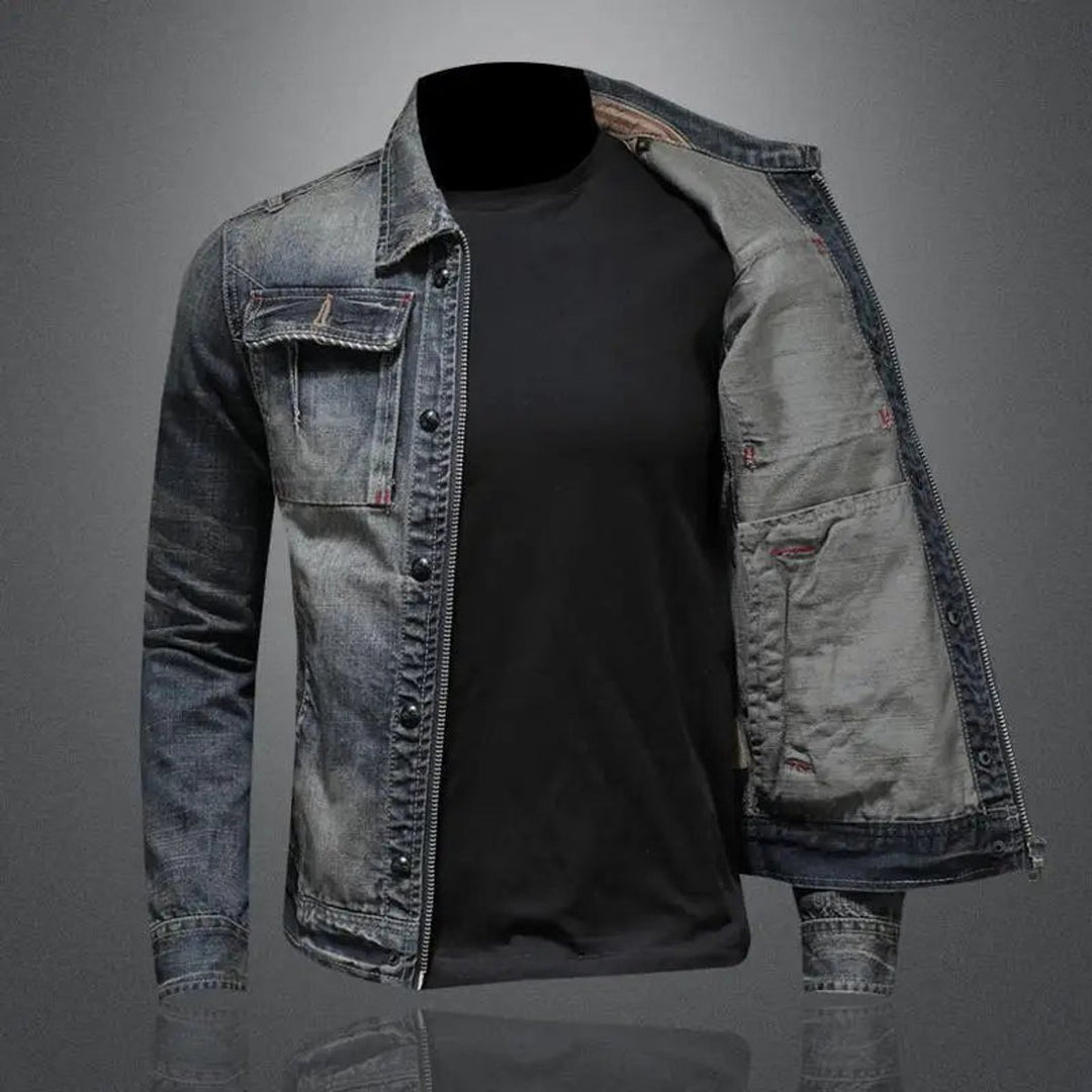 Men's Retro Vintage Washed Denim Jacket Zip-Up Outerwear