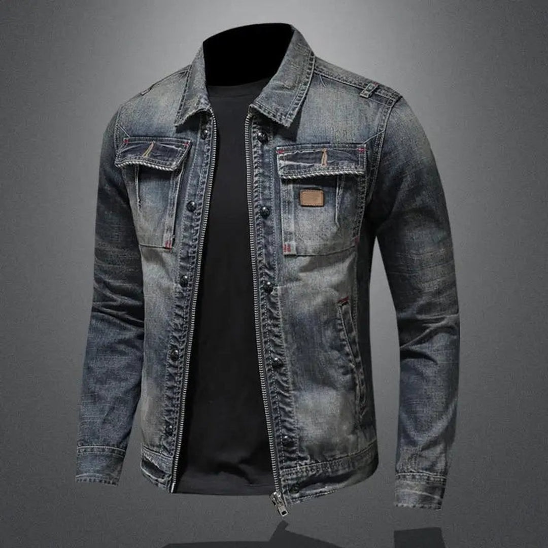 Men's Retro Vintage Washed Denim Jacket Zip-Up Outerwear