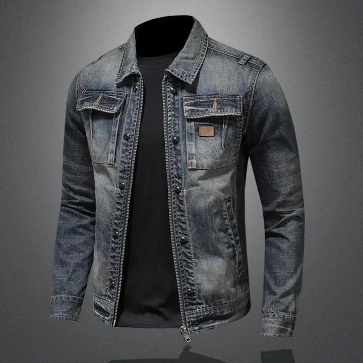 Men's Retro Vintage Washed Denim Jacket Zip-Up Outerwear