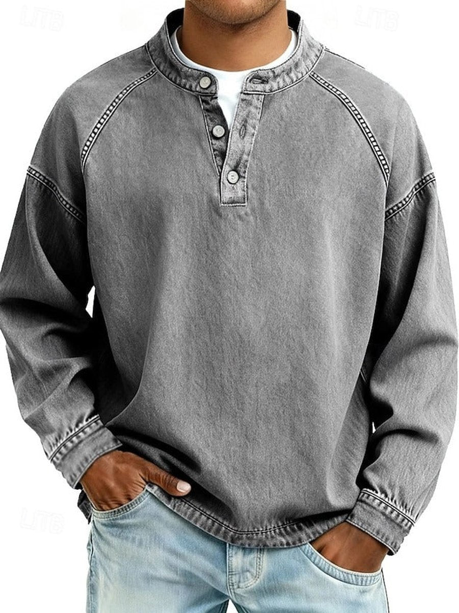 Men's Retro Washed Henley Long-Sleeve Knit Sweater Pullover - Grey