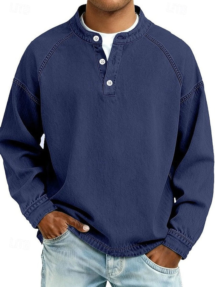 Men's Retro Washed Henley Long-Sleeve Knit Sweater Pullover - Royal Blue