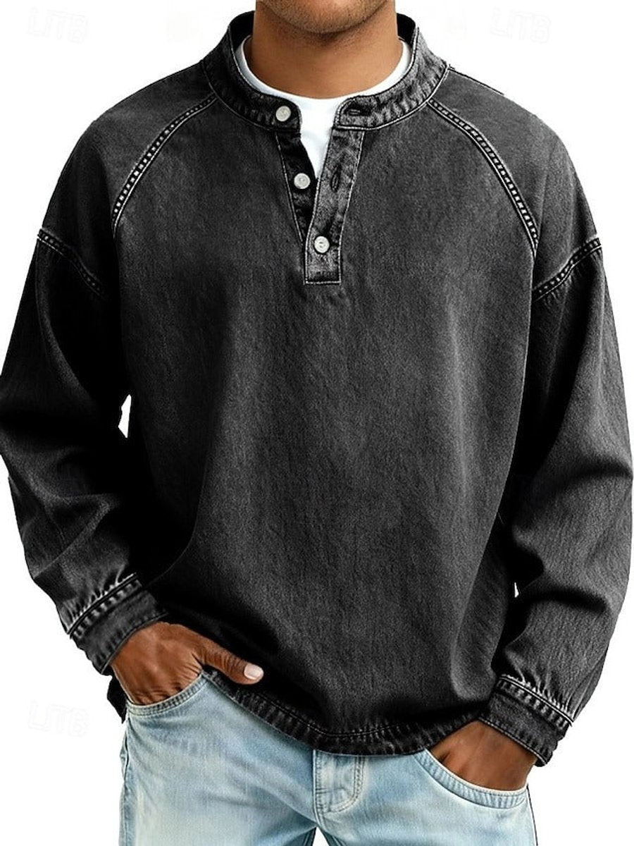 Men's Retro Washed Henley Long-Sleeve Knit Sweater Pullover - Black