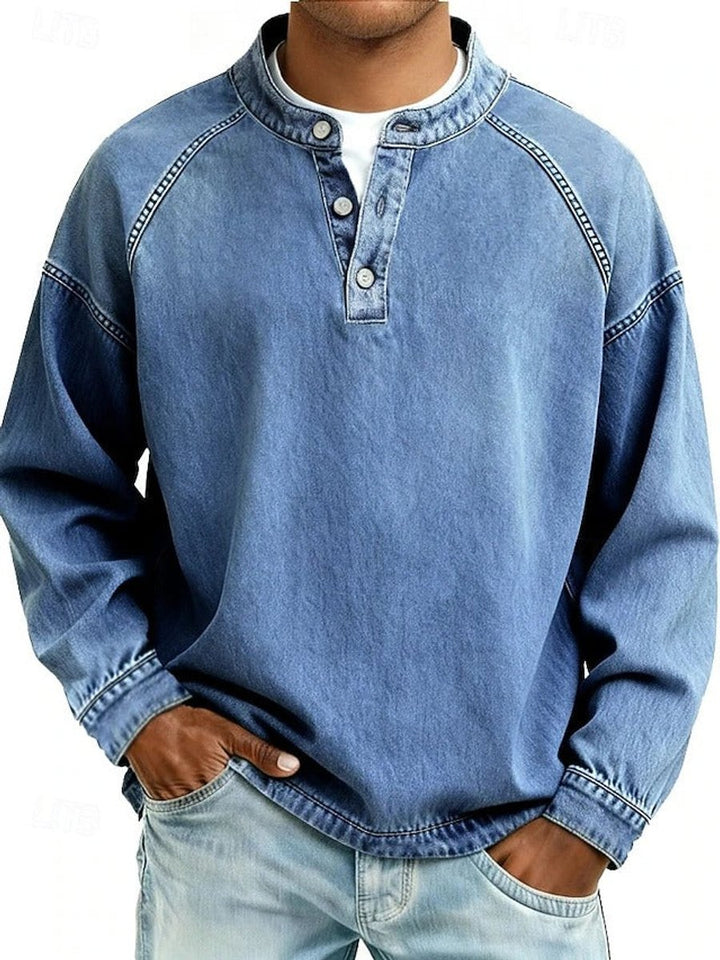 Men's Retro Washed Henley Long-Sleeve Knit Sweater Pullover - Light Blue