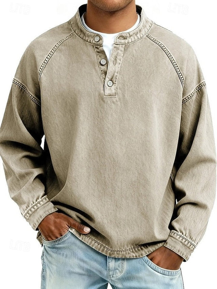 Men's Retro Washed Henley Long-Sleeve Knit Sweater Pullover - Khaki