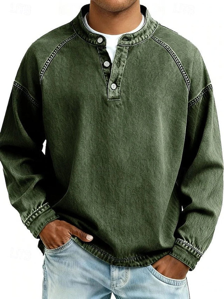 Men's Retro Washed Henley Long-Sleeve Knit Sweater Pullover - Dark Green