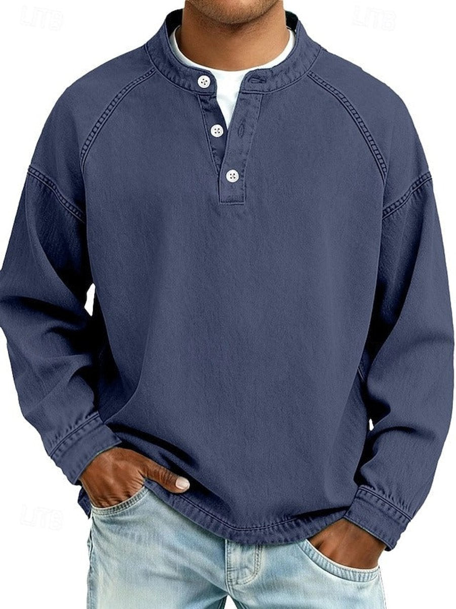 Men's Retro Washed Henley Long-Sleeve Knit Sweater Pullover - Dark Blue